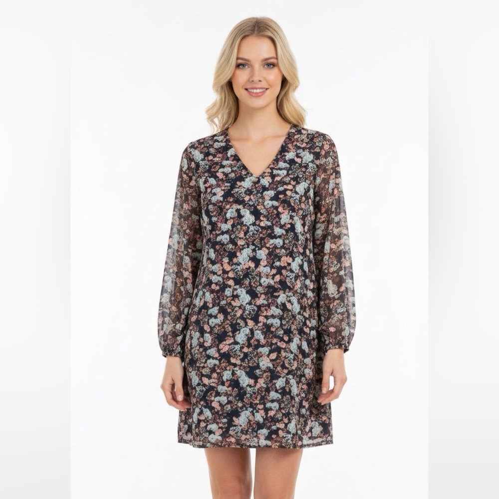 CeCe Black Floral V-Neck Long Sleeve Dress